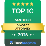 A green badge with five stars at the top, labeled Top 10 San Diego Divorce Attorney 2026. A gold ribbon highlights Divorce Attorney, ideal for a leading San Diego divorce or family law attorney. The TrustAnalytica logo is at the bottom.