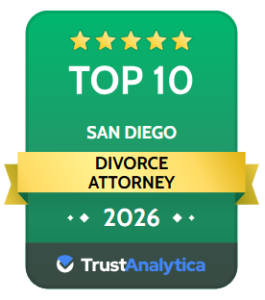 A green badge with five stars at the top, labeled Top 10 San Diego Divorce Attorney 2026. A gold ribbon highlights Divorce Attorney, ideal for a leading San Diego divorce or family law attorney. The TrustAnalytica logo is at the bottom.